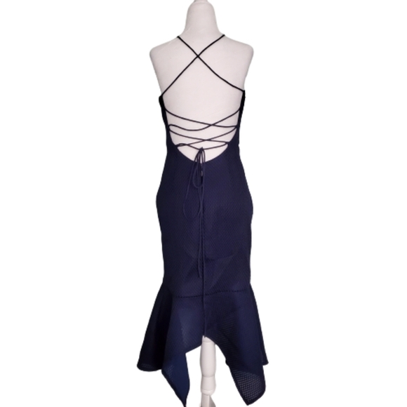 NWOT Bariano Navy Blue Asymmetric Open Back Dress - Picture 2 of 4